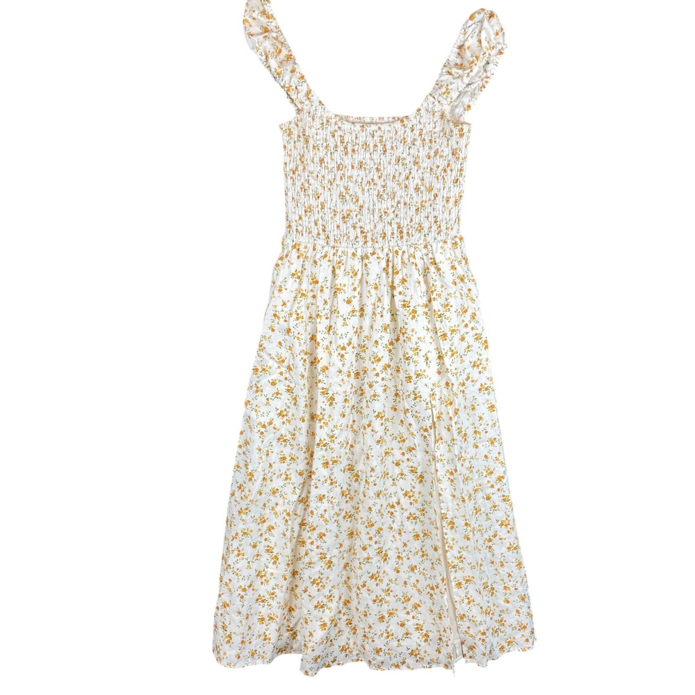 Reformation Juliette Linen Midi Dress Yellow Floral Smocked Ruffle Strap Small